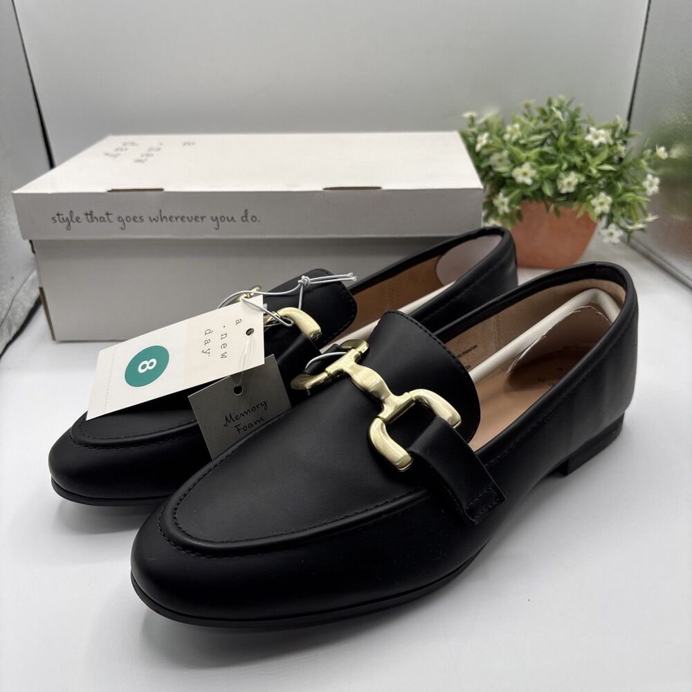 a new day Woman 8 Black Carolyn Flats Buckle Accent NWT Slip on Gift Work Casual